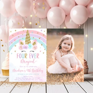 Faire-part 4e anniversaire licorne modifiable, quatre invitations magiques, licorne arc-en-ciel, fête licorne florale pastel or rose, numérique A582