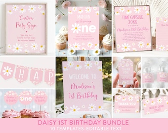 Editable Daisy First Birthday Invitation Bundle, Retro Daisy Birthday, Pink Daisy Party, Girl Flower Power, Digital Download A691