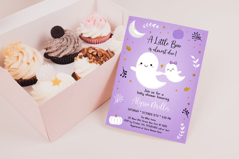 May include: Purple baby shower invitation with a ghost and pumpkin design. The text reads "A Little Boo is almost due!" and includes the date, time, and location of the event. RSVP information is also included.