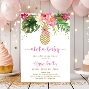 Bearbeitbare Ananas-Babyparty-Einladung Tropische Blumen Aloha Baby-Einladung Rosa & Gold Ananas Druckbare Digital Sofort Download A494