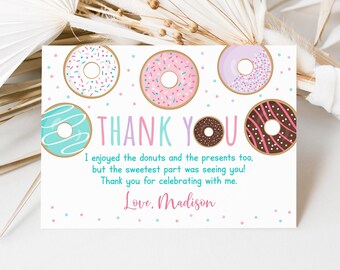 Editable Donut Thank You Card, Donut Birthday, Pink Donut, Donut Grow Up, Doughnut, Printable, Digital, Instant Download Corjl A500