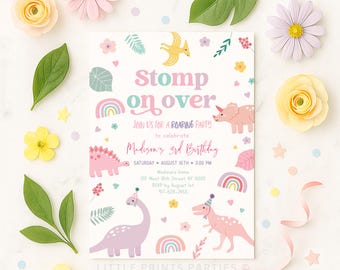 Editable Girly Pastel Dinosaur Birthday Invitation, Any Age Dinosaur Birthday Invite, Cute Pink Girl Dinosaur Party, Digital Download A736