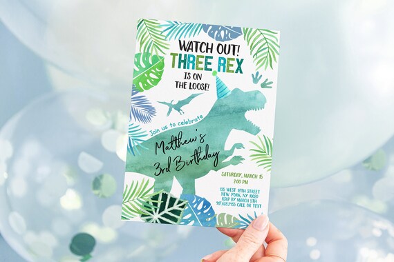 Editable Three Rex Dinosaur Birthday Invitation Dinosaur 3rd Birthday Invite Dinosaur Safari T-Rex Green Blue Watercolor Digital A663 Il_570xn