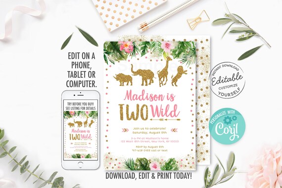 EDITABLE Two Wild Safari Birthday Invitation, Pink & Gold Safari, Girl Safari, Second Birthday, Jungle Animals, Printable Digital Corjl A478 Il_570xn