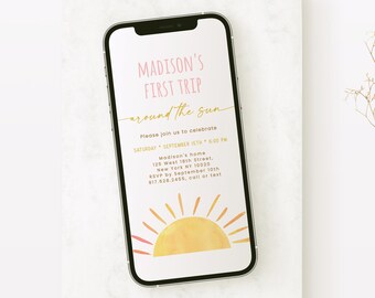 Editable First Trip Around The Sun Birthday E-Invitation Sunshine First Birthday Invite Boho You Are My Sunshine Party Digital Download A681