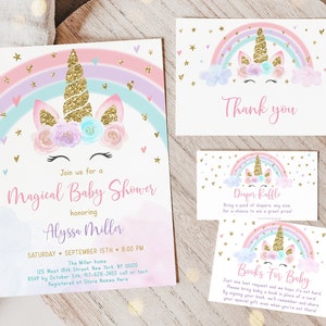 Lot d'invitations modifiables pour baby shower licorne arc-en-ciel baby shower licorne or rose pastel floral couches tombola livre Suite de cartes A582