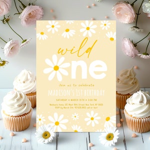 Daisy First Birthday Invitation Wild One Daisy Birthday Invite Yellow Daisy Party Girl Flower First Birthday Editable Digital Download A691