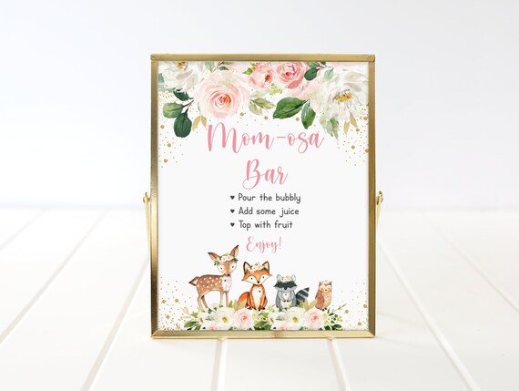 Pink Woodland Mimosa Bar Sign Woodland Baby Shower Girl Woodland Animals Forest Animals Pink Gold Floral Mom-osa Bar Printable Digital A516 Il_570xn