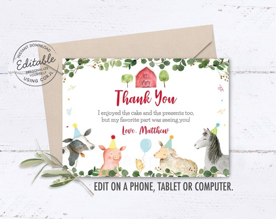 EDITABLE Farm Birthday Thank You Card, Barnyard Birthday Thank You, Farm Animal, Boy Farm Birthday, Printable, Digital, Template A511 Il_570xn