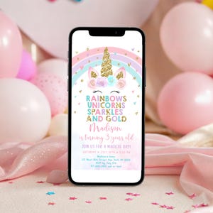 Editable Unicorn Rainbow Birthday E-Invitation Unicorns Rainbows Sparkles and Gold Invite Pastel Floral Unicorn Party Digital Download A582
