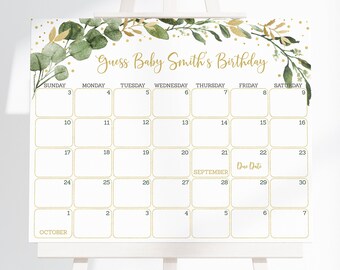 Puede incluir: Un calendario imprimible para un juego de baby shower con un diseño floral verde y dorado. El calendario se titula "Adivina el cumpleaños del bebé Smith" e incluye los meses de septiembre y octubre.