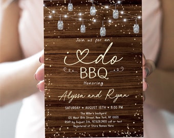 Editable I Do BBQ Invitation Couples Shower Engagement Party Invite Rustic Mason Jar String Lights Coed Shower Digital Download A620