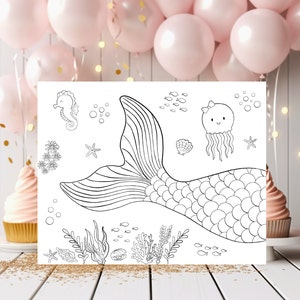 Mermaid Birthday Coloring Page, Birthday Activity, Kids Coloring page, Under the Sea Mermaid Party Printable Digital Download A615