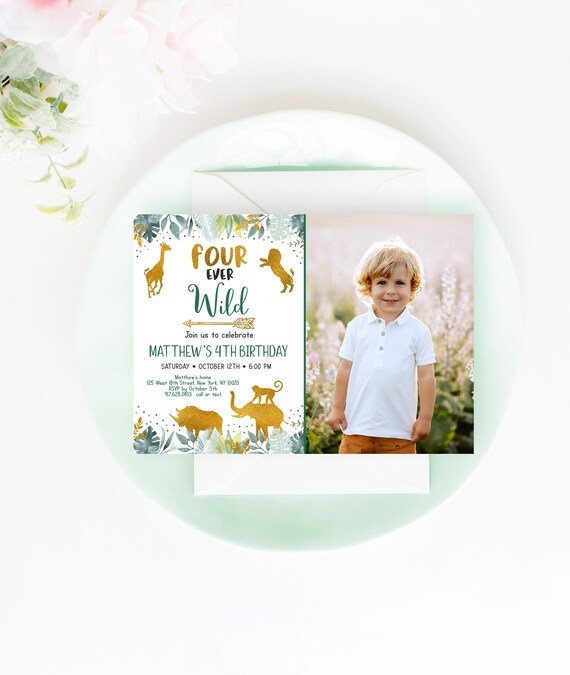 Editable Four Ever Wild Birthday Invitation Greenery Gold Safari Fourth Birthday Invite Boy Safari Party Animals Jungle Animals A589 Il_570xn