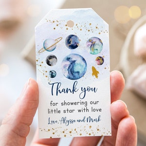 Editable Space Baby Shower Thank You Tags Favor Tags Gold Galaxy Planet Outer Space Solar System Rocket Ship Digital Instant Download A586