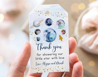 Editable Space Baby Shower Thank You Tags Favor Tags Gold Galaxy Planet Outer Space Solar System Rocket Ship Digital Instant Download A586