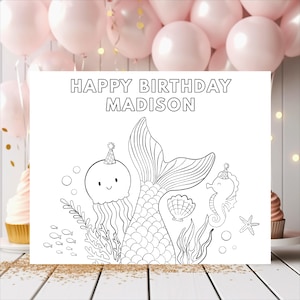 Mermaid Birthday Coloring Page, Under the Sea Mermaid Party, Birthday Activity, Kids Coloring page, Printable Editable Digital Download A615