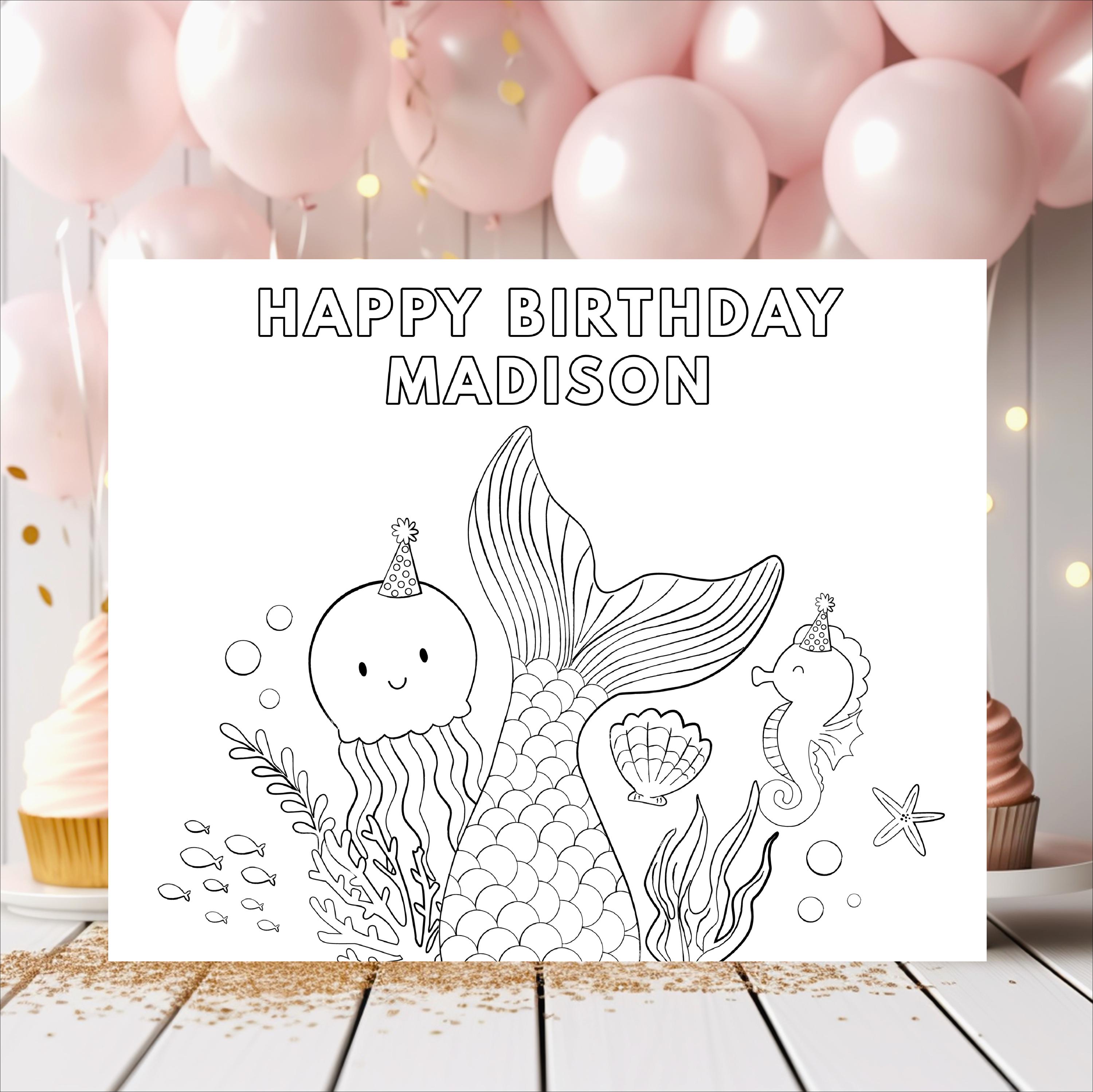 Mermaid Birthday Coloring Page, Under the Sea Mermaid Party, Birthday ...