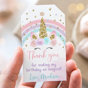 Etiquetas de agradecimento de aniversário de unicórnio editáveis Pastel Rainbow Unicorn Party Pink Gold Floral Unicorn Magical Day Printable Digital Corjl A582