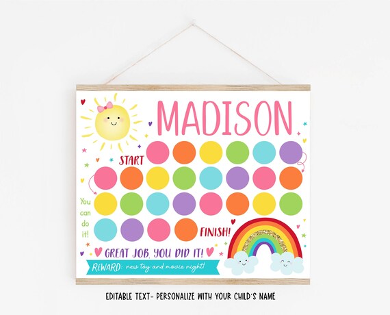 Editable Sunshine Rainbow Reward Chart, Sunshine Sticker Chart, Pink Gold Rainbow, Potty Training, Behavior Chart, Chore Chart Digital A530 Il_570xn