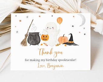 Redigerbart Halloween-tackkort för spöken, tackkort för spökfödelsedag, pojke, pumpa, Halloweenfest, digital nedladdningsmall A702