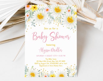 Editable Daisy Baby Shower Invitation Bohemian Baby Shower Invite Pink Daisy Pink Floral Summer Girl Baby Shower Digital Download A626