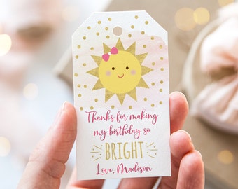 Redigerbara tacketiketter för födelsedagen, Sunshine, Presentetiketter, Tack för att du gjorde min födelsedagsfest, Bright Sunshine, utskrivbar, direktnedladdning, A508
