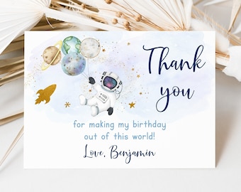 Editable Space Birthday Thank You Card Out Of This World Astronaut Blue Gold Galaxy Planets Rocket Ship Outer Space Digital Download A606
