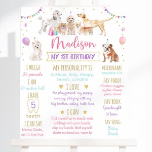 Editable Puppy Birthday Milestone Sign Let's Paw-ty Pink Girl Puppy Party Puppy Dog Birthday Pink Gold Balloons Digital Download A621