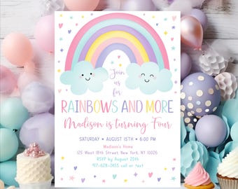 May include: A pastel-colored invitation with a rainbow and smiling cloud design. The text reads "Join us for Rainbows and More, Madison is turning Four." Additional details include the date, time, and location of the event.