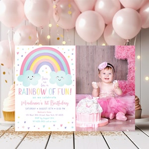 Editable Rainbow Birthday Invitation Girl Rainbow Party Pastel Rainbow Clouds Rainbow Of Fun Printable Digital Download Corjl A549