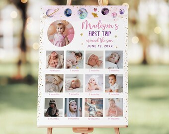 Editable Pink Space First Year Birthday Sign Monthly Photo Sign First Trip Around Girl Galaxy Outer Space Party Planets Printable A586