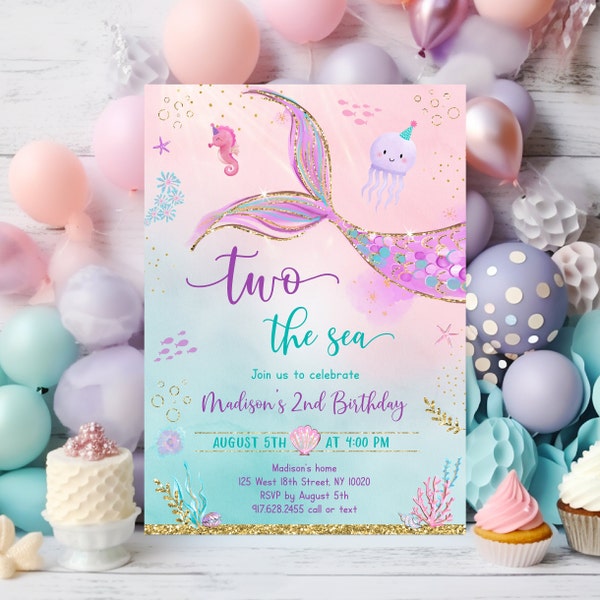 Editable Two the Sea Mermaid Birthday Invitation Little Mermaid Birthday Invite Pink Purple Teal Gold Under The Sea Mermaid Party A711