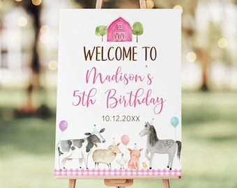 Editable Pink Farm Birthday Welcome Sign Girl Farm Party Barnyard Birthday Farm Animal Balloons Pink Gold Printable Instant Download A629