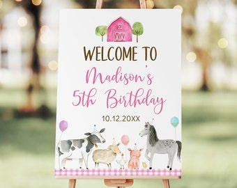 Signe de bienvenue d'anniversaire à la ferme rose modifiable fille fête de la ferme anniversaire de la basse-cour ballons animaux de la ferme or rose imprimable téléchargement immédiat A629