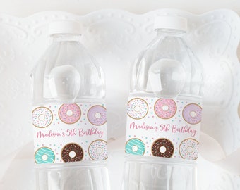 Editable Donut Water Bottle Labels, Donut Birthday, Donut Baby Shower, Pink Donut, Donut Party, Doughnut, Printable Instant Download A500