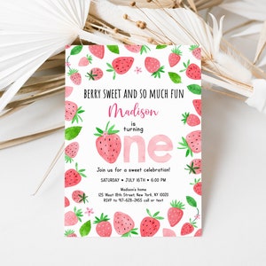 May include: A pink and green birthday invitation with a strawberry theme. The invitation says "Berry Sweet and So Much Fun Madison is turning one" and includes details for a party on July 16th at 6:00 PM.