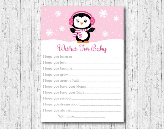 Cute Pink Penguin Wishes for Baby Cards / Penguin Baby Shower / Winter Baby Shower / Snowflake / Printable INSTANT DOWNLOAD A141 Il_570xn
