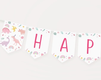 Banner de cumpleaños de dinosaurio rosa editable, cumpleaños de dinosaurio boho, fiesta de dinosaurios para niñas, dinosaurios pastel púrpura rosa, descarga digital A736