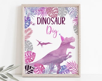 Girl Dinosaur Dig Birthday Sign Pink Purple T-Rex Birthday Three Rex Dinosaur Party Dinosaur Safari Watercolor Digital Download A663