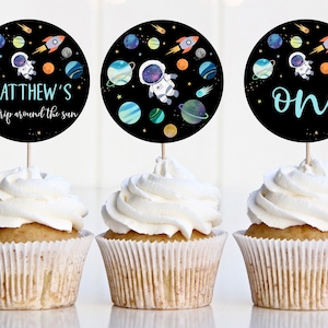 Editable Space Cupcake Toppers Boy Astronaut Galaxy Planets Rocket Ship Outer Space Moon Solar System Printable Digital Download A654