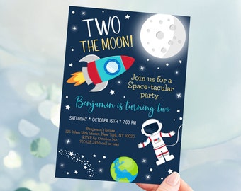 Editable Two The Moon Space Birthday Invitation Astronaut Planet Outer Space Birthday Party Solar System Rocket Ship Printable Digital A528