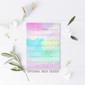 May include: A watercolor background with a rainbow gradient of pink, purple, blue, and green. The background is decorated with gold glitter dots.