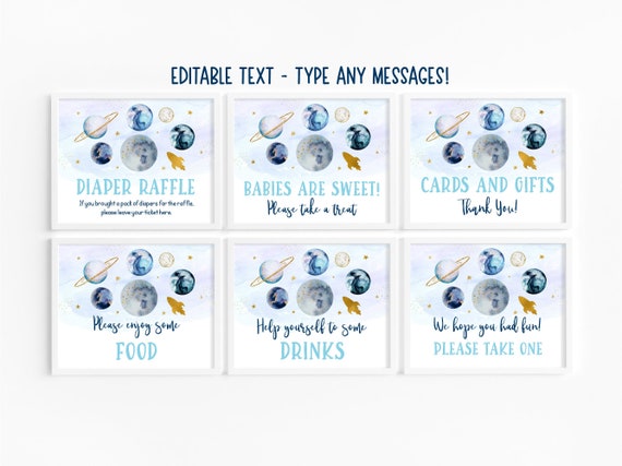 Editable Blue Space Baby Shower Sign Table Signs Set of 6 Blue Gold Boy Galaxy Planets Rocket Ship Outer Space Moon Stars Download A631 Il_570xn