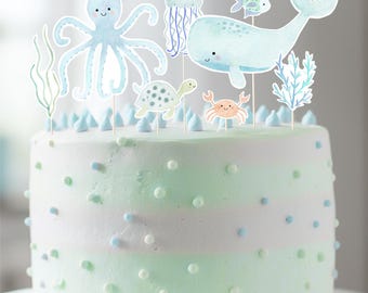 Centro de mesa de cumpleaños bajo el mar, adorno para tarta, recortes, animales marinos en tonos pastel azul, océano, ballena, tortuga, descarga digital A725