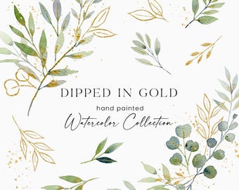 Watercolor Greenery Clipart, Eucalyptus Clipart, Watercolor Leaves, Greenery Gold Wedding Clipart, Botanical Clipart, Premade Clipart