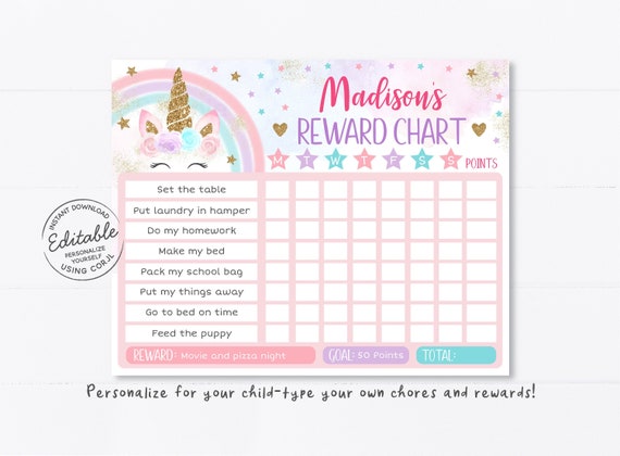 editable unicorn reward chart unicorn behavior chart pink gold