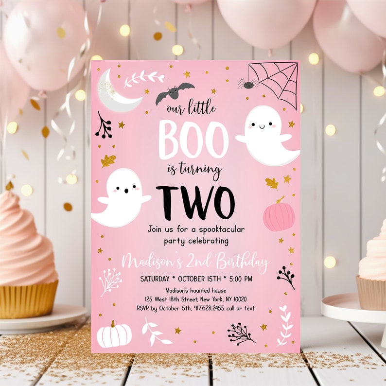 May include: Pink and white Halloween birthday invitation with a ghost, bat, spider web, and pumpkin. The text reads "our little BOO is turning TWO. Join us for a spooktacular party celebrating Madison's 2nd Birthday. Saturday, October 15th, 5:00 PM. Madison's haunted house, 125 West 18th Street, New York, NY 10020. RSVP by October 5th, 917.628.2455 call or text."