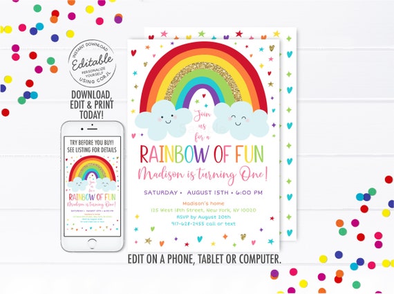 EDITABLE Rainbow Birthday Invitation Girls Rainbow Party First Birthday Gold Rainbow Clouds Printable Digital Instant Download Corjl A530 Il_570xn