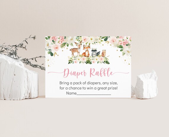 Girl Woodland Diaper Raffle Cards, Girl Woodland Baby Shower, Pink Woodland Animal, Blush Floral, Digital, Printable, Instant Download A516 Il_570xn